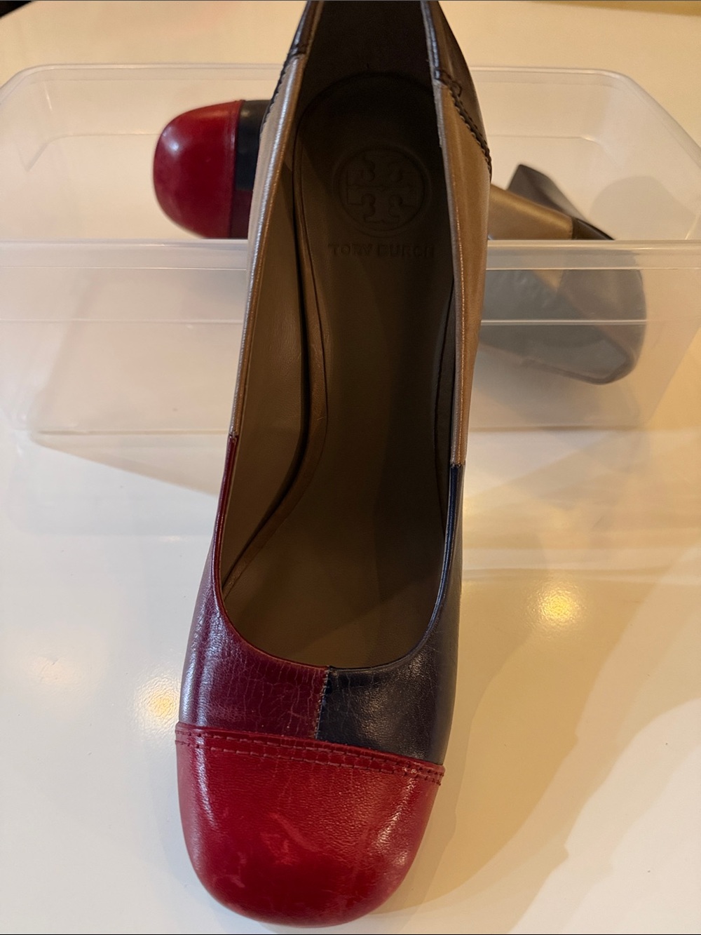 Tory Burch Colorblock Leather Pump in Red, Navy and Tan